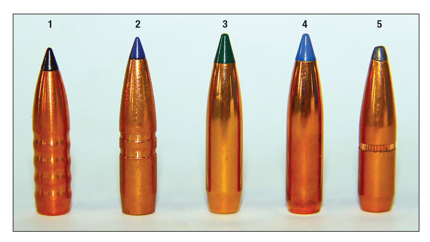 Standard .257-caliber bullets tested in the 25 Creedmoor-chambered Horizon Firearms Vandal Prime included: (1) Hammer Bullets’ 95-grain HHT, (2) Barnes’ 101-grain LRX BT, (3) Sierra’s 110-grain Tipped GameKing, (4) Nosler’s 115-grain Ballistic Tip Hunting and (5) Hornady’s 117-grain InterLock BTSP.